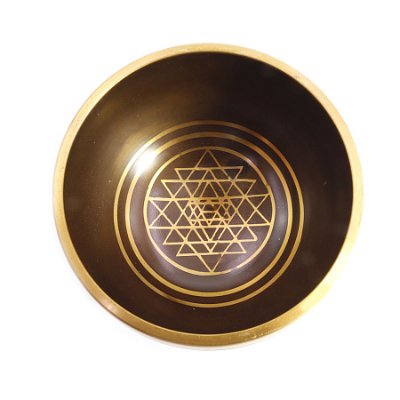 Чаша поющая с золотыми символами Лакшми янтра 5 металлов от 420гр до 600гр h-6-7см d-11см 